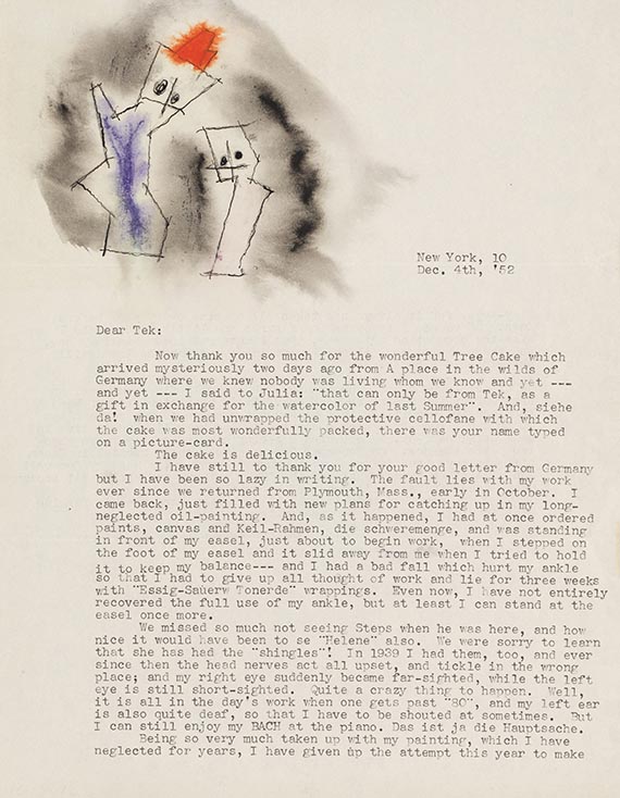 Lyonel Feininger - Masch. Brief an Thekla Hess, mit Orig.-Zeichnung