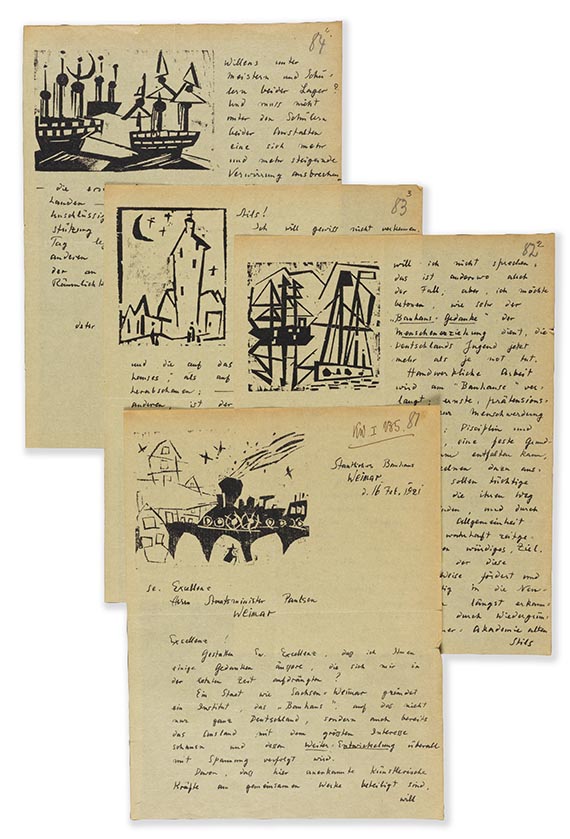 Lyonel Feininger - Eigenh&auml;ndiger Brief mit 4 Holzschnitten