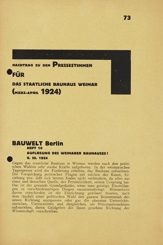 Bauhaus - Nachtrag zu den Pressestimmen für das Staatl. Bauhaus Weimar