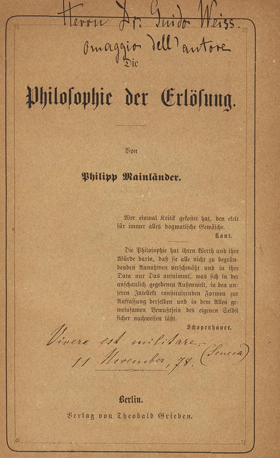 Philipp Mainl&auml;nder - Philosophie der Erl&ouml;sung. 2 B&auml;nde. Mit Eintrag von Minna Batz-Mainl&auml;nder