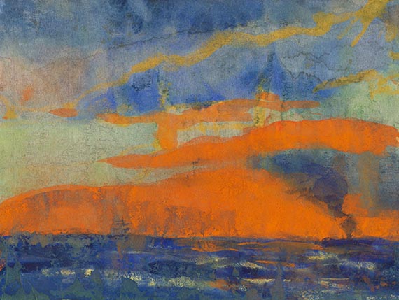 Nolde - Meer mit Dampfer und orangefarbenen Himmel
