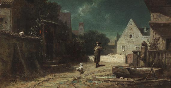 Carl Spitzweg - Nachtw&auml;chter bei Mondschein, Hund und Katze
