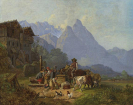 Bürkel, Heinrich - Gebirgsdorf mit Brunnen. Im Hintergrund das Wettersteingebirge