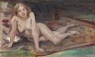Corinth, Lovis - Liegender, blonder Mädchenakt auf buntem Teppich