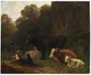Friedrich Voltz - Hirtebub mit Kühen an Felsenwand