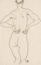 Schiele, Egon - Weiblicher Rückenakt, die Hände auf der Hüfte