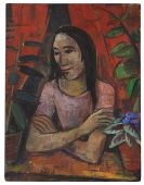 Hofer, Karl - Mädchen am Fenster mit Blattpflanzen