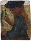 Modersohn-Becker, Paula - Sitzendes M&auml;dchen mit blauem Hut und Blume in der rechten Hand